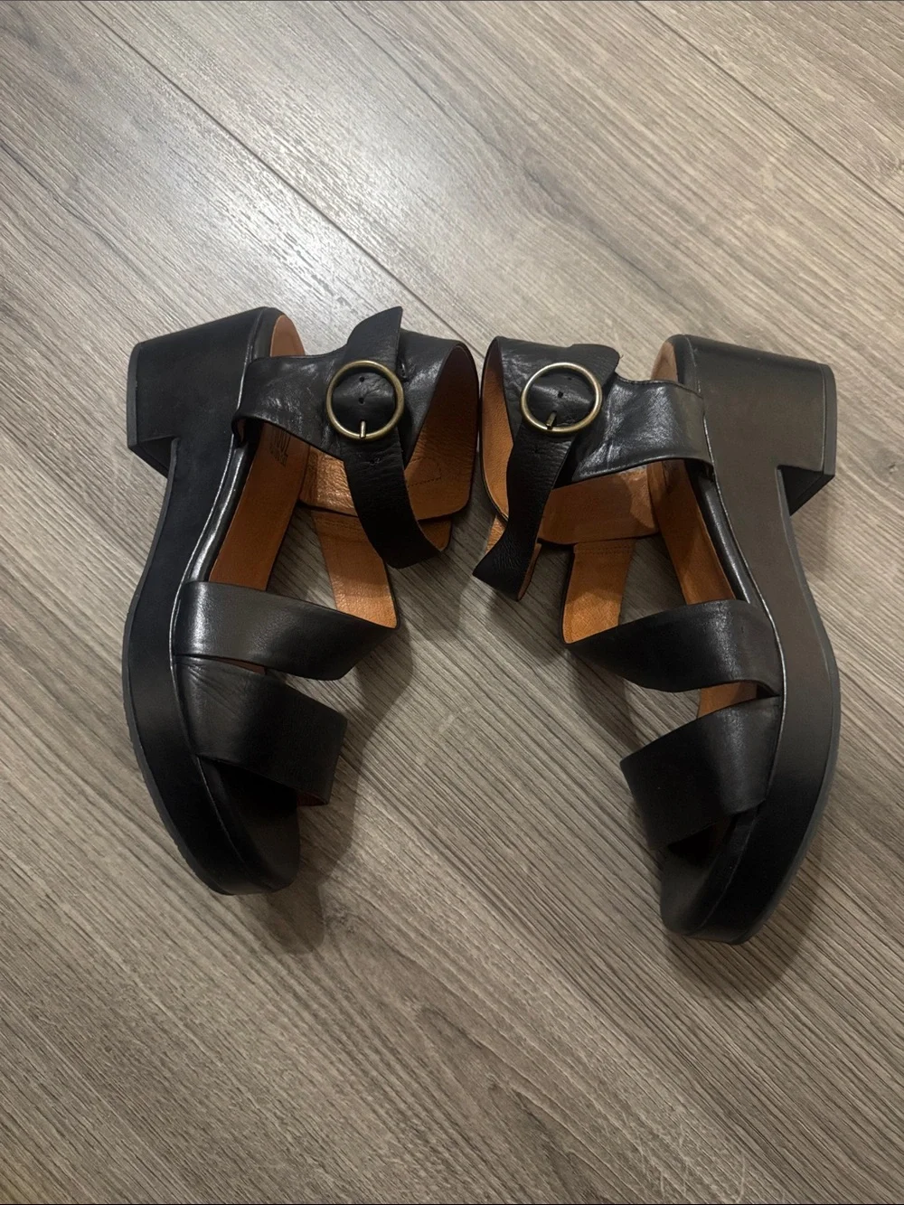 Miz Mooz Women’s Leather Black Platform Sandals with Buckle Accent